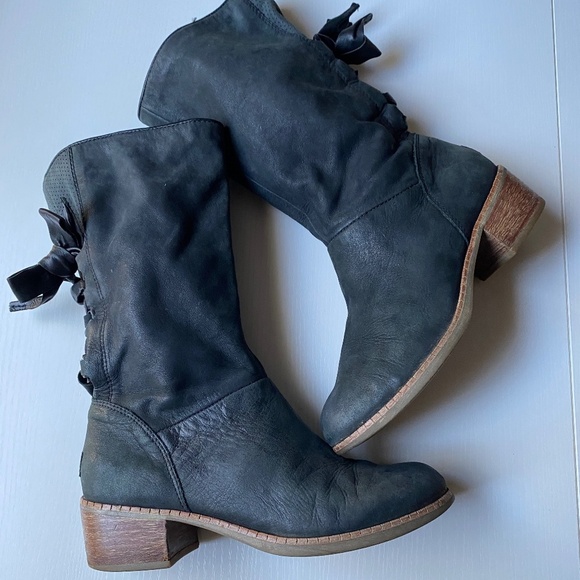 UGG Cary Black Charcoal Suede Leather Back Lace Mid Calf Boots Size 6.5 - Picture 7 of 15